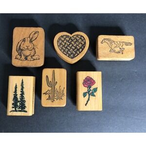 6 Comotion Rubber Stamps Wood Mounted Horse Stallion Hearts Floral Bunny Cactus